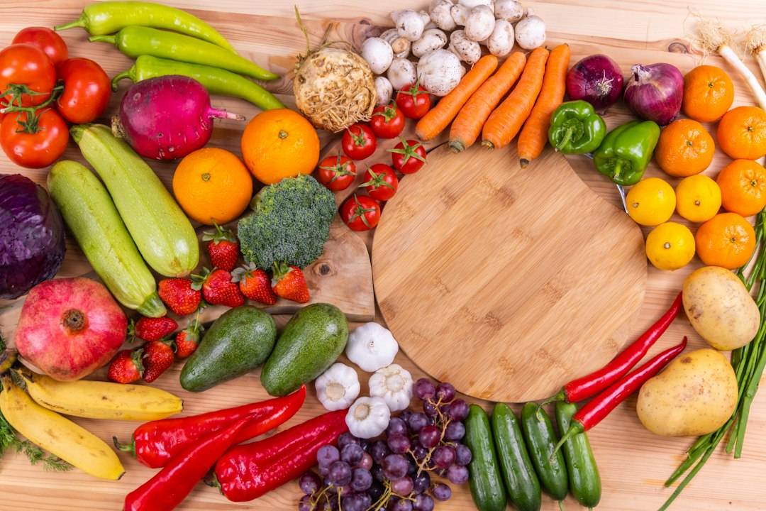 Selection of fresh fruit and vegetables for a higher-fibre diet