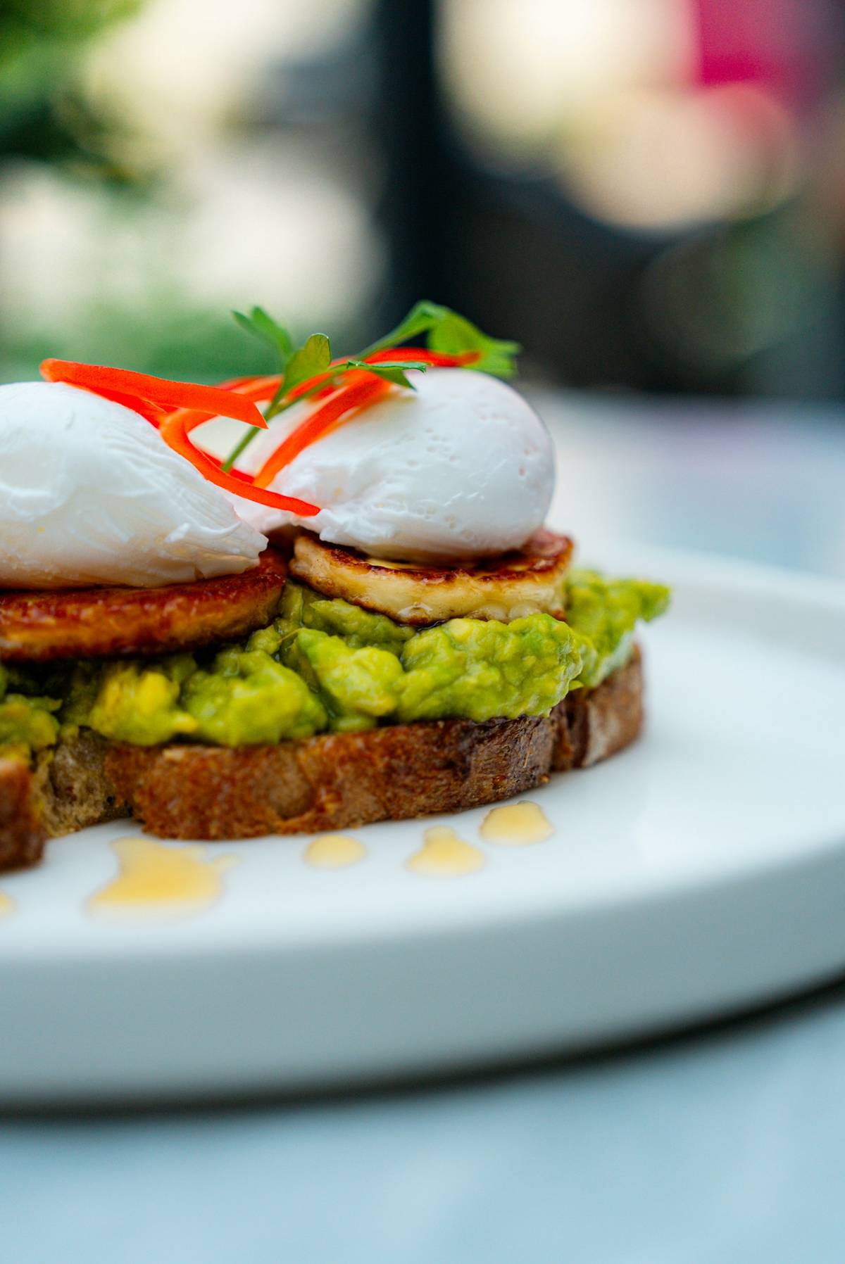 Avocado toast with poached eggs as a compact high-calorie breakfast option