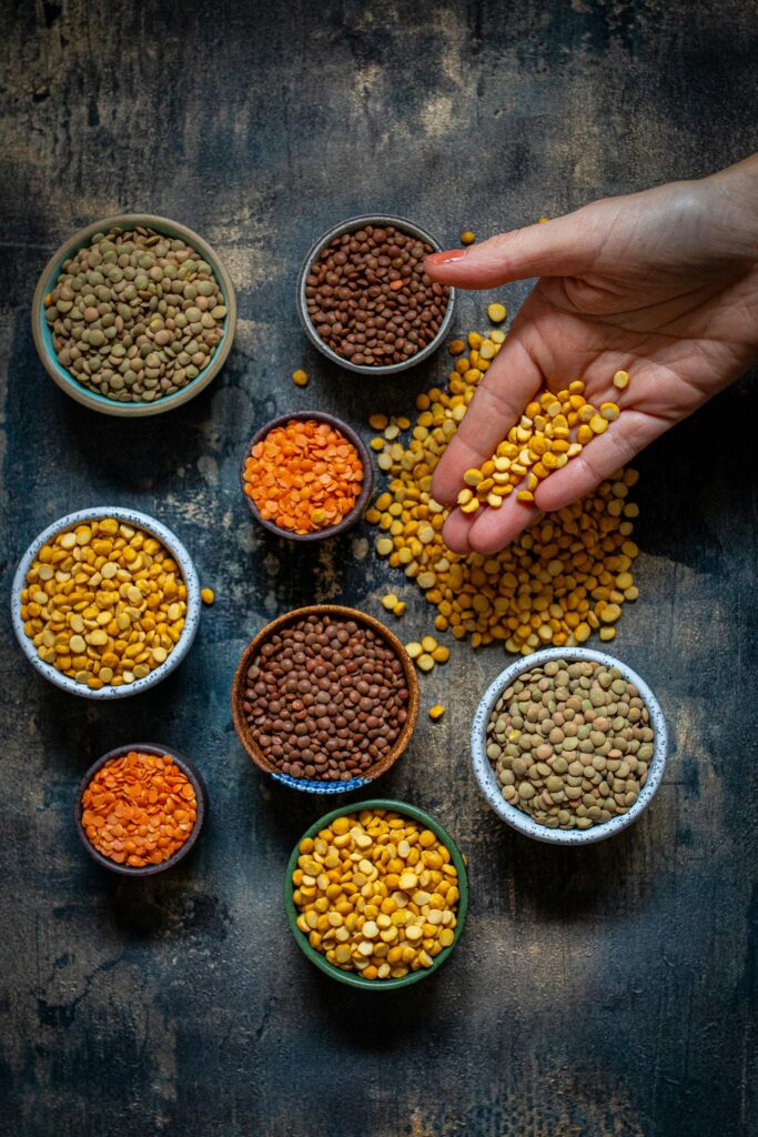 Bowls of lentils and pulses for a high-fibre diet